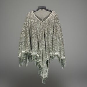 Boutique Women One Size Poncho Knit Metallic Silver Fringe Mesh Cape Boho Wrap